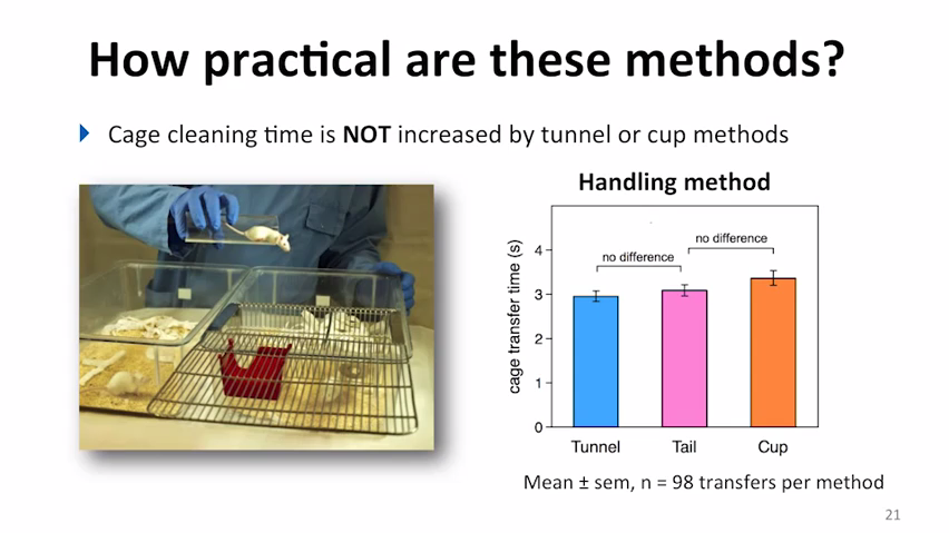 A screenshot of how practical are these methods? An image showing a mouse in a tunnel about to go into its cage and a bar graph showing cage transfer time. Cup is the highest and tunnel is the lowest